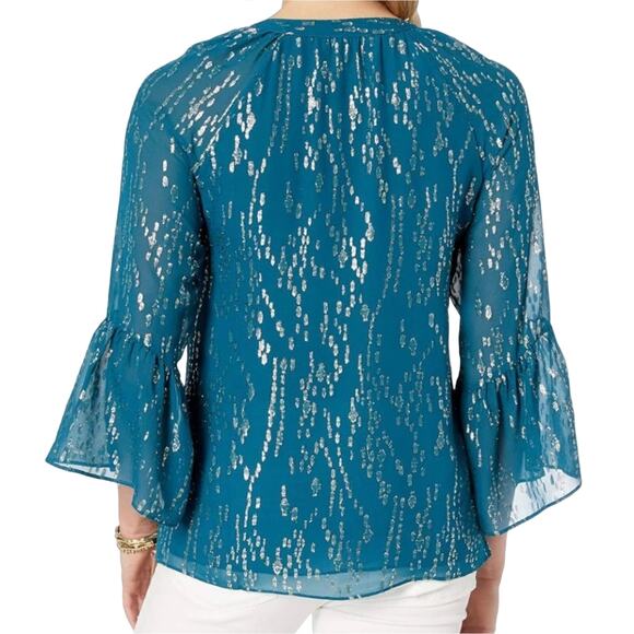 Lilly Pulitzer Matilda Chiffon Blouse Womens S Inky Tidal Fish Clip Teal Blue - Picture 2 of 8